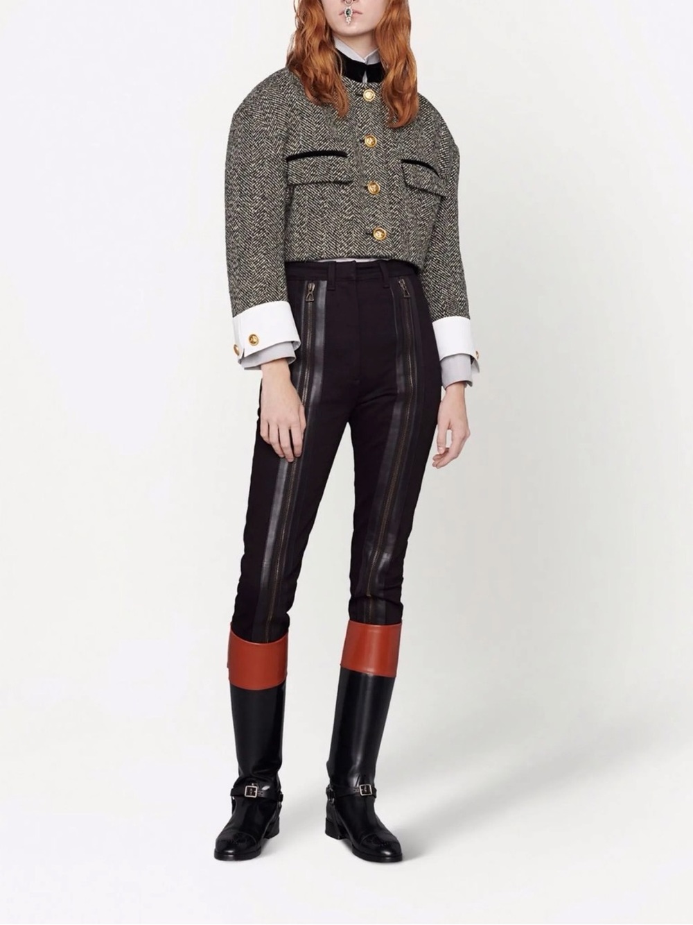 Gucci Black Skinny Stirrup Jean Pants with Leather Panel & Zipper Detail